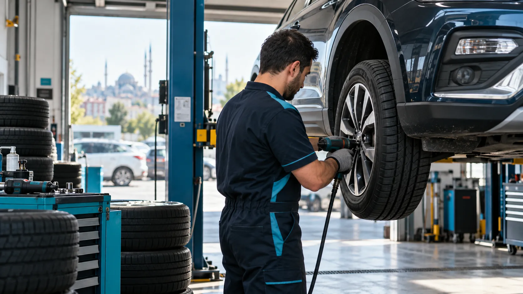 Serviste araca lastik takan bayi teknisyeni